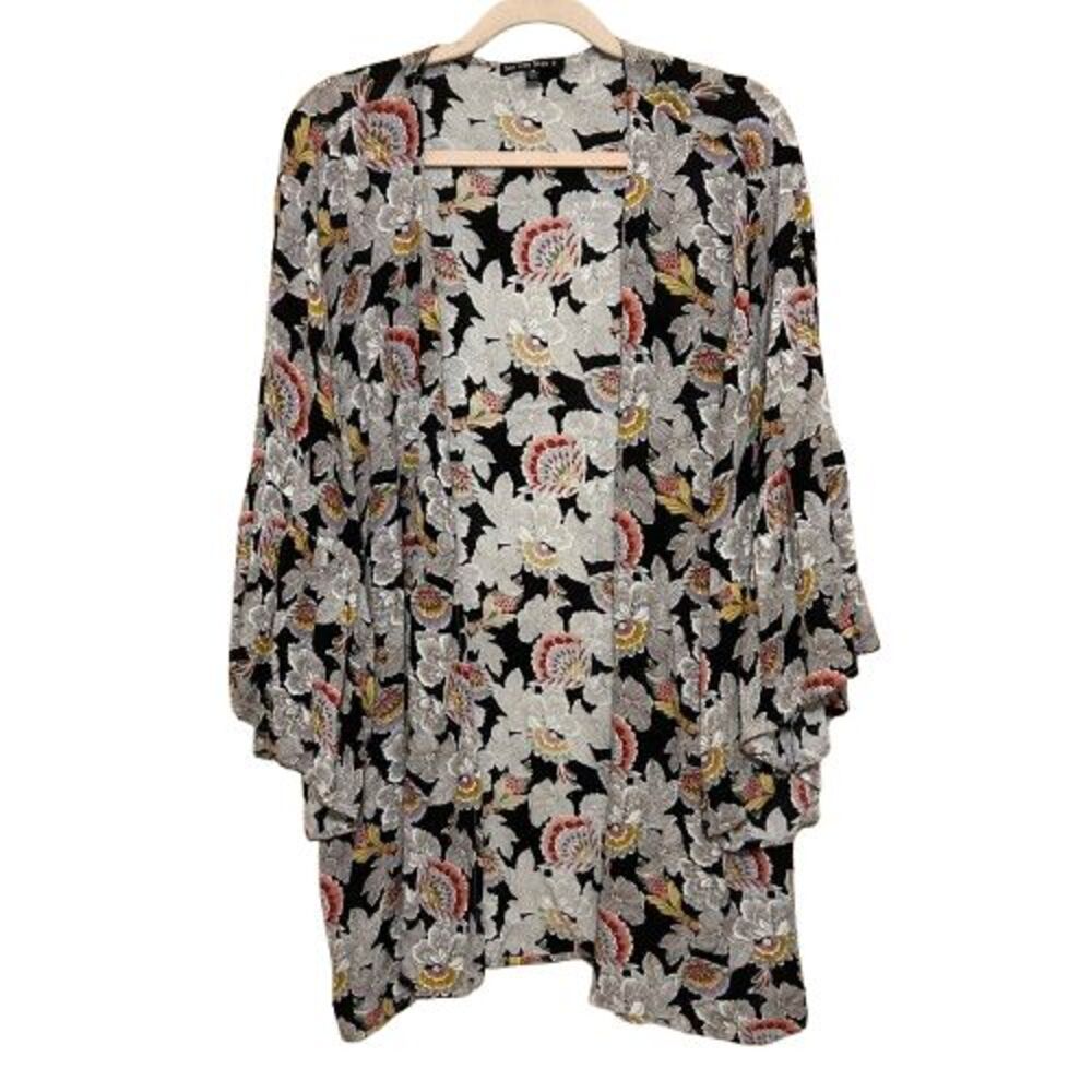 See and Be Seen Floral Open Front Kimono Womens 1X Multicolor Bell Sleeve Boho